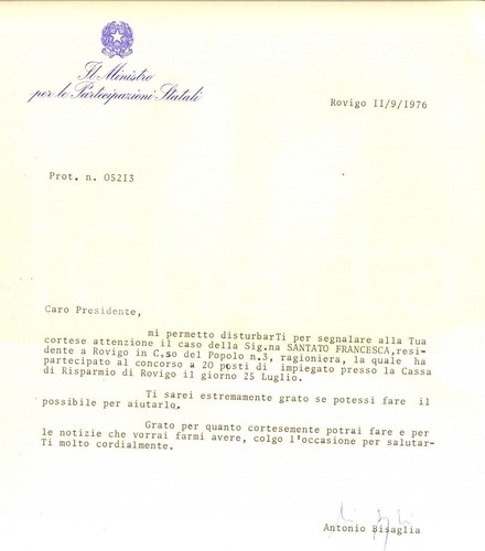 1976 rovigo lettera ministro - rovigo,