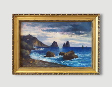 Paesaggio Costiero di Capri con Faraglioni Antico Dipinto a Olio firmato Rossi