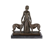 Statua in bronzo con base in marmo nero donna con due cani levrieri fusione 