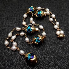 Collana Lunga 33" Coltivata Bianco Barocco Perla Blu Vetro di Murano Rosario Catena