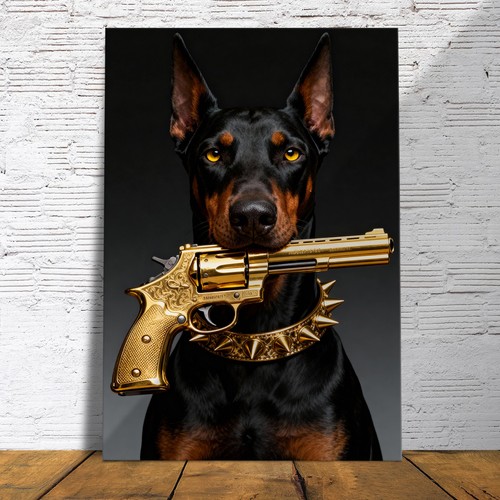 Dobermann con pistola dorata