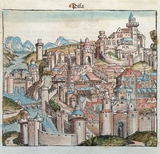 SCHEDEL HARTMANN PISA. VEDUTA DI CITTÀ xilografia a colori 1492 - 1493 inciso cm
