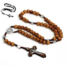Collana Rosario Legno Nero/Marrrone Croce Cattolico Cristo Religioso 10mm Unisex