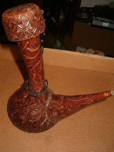 Vintage porron tooled - tooled, leather