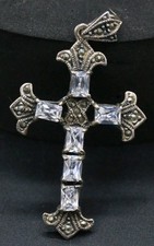 Antica Croce Pendente Argento 925 E Brillanti - Ciondolo Grandi Dimensioni