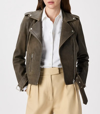 Giacca pelle verde oliva scuro donna scamosciata motociclista moto taglia S M...