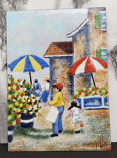 Dipinto firmato Dominic Mingolla smalto su piastrelle di rame mercato dei fiori