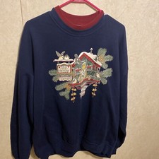 Felpa vintage sole del mattino donna 2XL rossa casa uccellini ramoscelli invernale