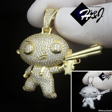 CIONDOLO UOMO ARGENTO STERLING 925 ZIRCONI GHIACCIATI PLACCATO ORO/ARGENTO 3D STEWIE GRIFFIN*P507
