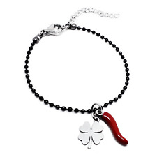 Bracciale portafortuna Acciaio con Corno cornetto Rosso Quadrifoglio Uomo Donna