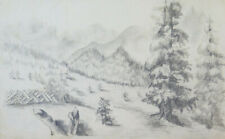 PAESAGGIO ALPINO DISEGNO ANTICO MATITA SU CARTA MONTAGNA FRANCIA ALPI BM53.5b