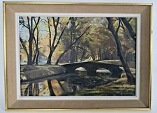 SANFOURCHE Ponte nel Bosco Olio su tela Quadro Dipinto Arte '70s-286