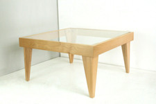 Tavolino da salotto caffè quadrato in legno verniciato naturale piano cristallo