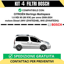 KIT BOSCH 4 Filtri tagliando per CITROËN Berlingo Multispace 1.6 HDi 90 66 kw...
