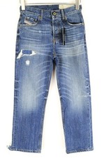 Diesel Aryel 080AH Jeans Da Donna W23 L30 Strappati Blu Denim Taglio Dritto