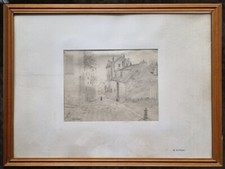 Disegno a matita "paesaggio: antico borgo" firmato Umberto Lilloni Milano