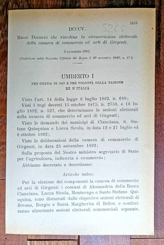 Girgenti 1892 regio decreto - girgenti,