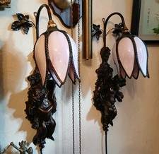 Coppia di antiche lampade da parete italiane, cherubino, putto, angelo, lampada, Art Nouveau 