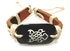 BRACCIALE ECO-PELLE / CUOIO TARTARUGA PORTAFORTUNA UOMO POLSINO REGOLABILE NERO