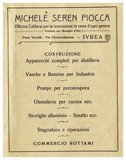 PUBBLICITA' 1928 SEREN PIOCCA CALDERAIO RAME ALAMBICCO STOVIGLIE OFFICINA IVREA