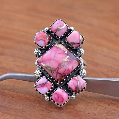 Pink dahlia turquoise handmade - pink,