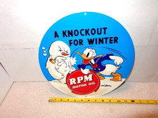 12 in RPM MOTOR OIL WITH DONALD DUCK ADVERTISING SIGN HEAVY DIE CUT METAL  S 238