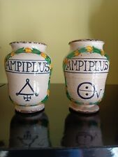 Coppia di antichi piccoli vasi/barattoli da farmacia in Maiolica smaltata 