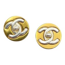 Chanel Bicolor Turn Lock Coco Earrings Gold Silver W/Box