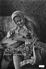 ANTICA DONNA CHITARRISTA CHITARRISTA SUONATORE MUSICA disegno a matita originale 24x33 cm