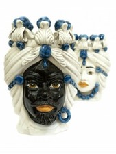 Coppia teste di moro re e regina blu in ceramica di Caltagirone 30 cm