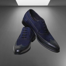 Scarpe eleganti fatte a mano uomo bicolore punta ala, scarpa brogue uomo camoscio nero e blu