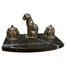 Calamaio francese Art Decò anni '20 in marmo bianco e nero e metallo