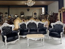 Set 3 posti e 2 poltrone stile barqoue francese velluto nero argento fatto a mano