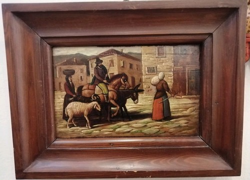 Antico dipinto olio tavola - su,