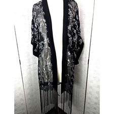 Copri kimono Betsey Johnson nero spolverino trasparente 10" frange argento paillettes OS