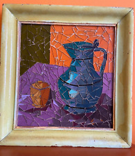 MOSAICO SU TAVOLA ANNI 50 CON CORNICE IN LEGNO RAFFIGURANTE BROCCA E BICCHIERE