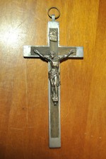 Crocifisso Antico IN Bronzo Metallo Argentato E Legno Croce Scultura Gesù 1