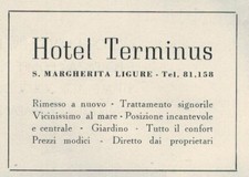 PUBBLICITA' VINTAGE 1949: HOTEL TERMINUS- S.MARGHERITA LIGURE