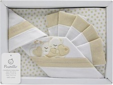 PASTELLO - COMPLETO LENZUOLA CARROZZINA NEONATO RICAMATO COTONE ORSETTO BEIGE