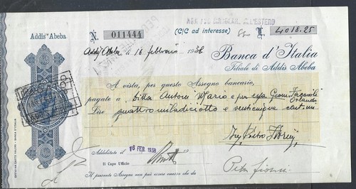 1925 addis abeba assegno banca - 1925,
