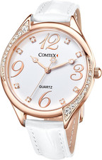Orologio Donna Oro Rosa Da Polso Con Strass Elegante Cinturino in Pelle Bianco