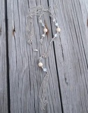 GUESS Statement Collana Vintage Tono Argento Ciondolo Lungo Off White Accenti 32"