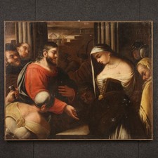 Dipinto antico quadro italiano Cristo e l'adultera olio su tela XVIII secolo