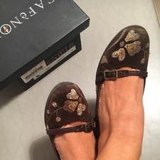 Scarpe Donna In Camoscio Alte Donna N.40 Con Zeppa/ Marrone Con Fiori Paillettes