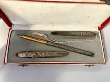 ANTICO SET SCRIVANIA box anni 20 PENNA STILOGRAFICA matita TAGLIACARTE argentato