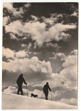 1954 foto cartolina d'epoca sciatori cane bassotto paesaggio di montagna