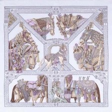 Foulard Hermes La Danse Du Cheval Marwari 90 Cm Seta Grigio Viola Cavallo 35"