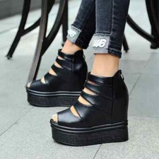 stivali estivi platform donna 13 cm perforato nero zeppa pelle sintetica 25997
