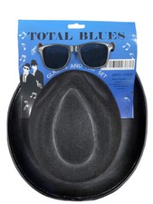 SET CAPPELLO E OCCHIALI BLUES BROTHERS OCCHIALI DA SOLE VESTITO ELEGANTE FESTA COSTUME GANGSTER