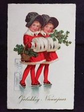 Cartolina Olanda Buon Anno Quadrifogli Bambini su Pattini da Ghiaccio KF24